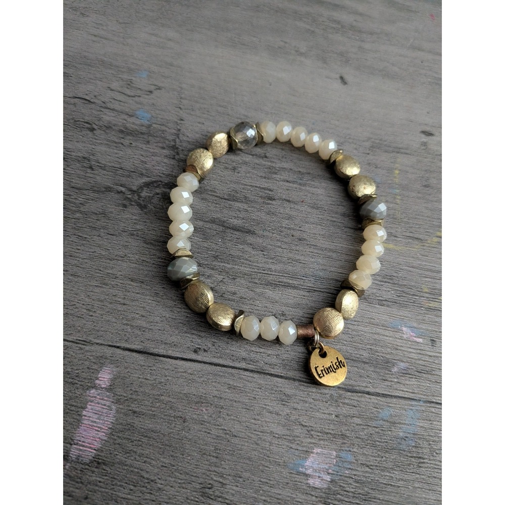 Erimish Beaded Stretch Bracelet Gold Tone Textured Metal Cream Grey Faceted Boho